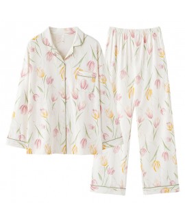 Autumn Tulip Print Cotton Pajama Set with Turn-down Collar for Women