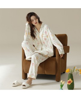 Autumn Tulip Print Cotton Pajama Set with Turn-down Collar for Women