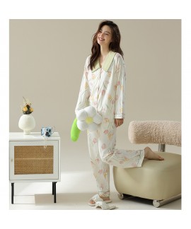 Autumn Tulip Print Cotton Pajama Set with Turn-down Collar for Women