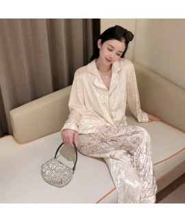 Velvet Loungewear Set for Women | Beige Long Sleeve Pajamas