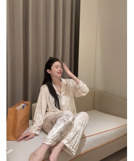 Velvet Loungewear Set for Women | Beige Long Sleeve Pajamas