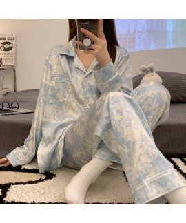 Ice Silk Long Sleeve Spring Autumn Thin Cute Cartoon Women's Pajama Set Wearable Homewear Two-piece Set