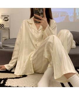 Ice Silk Long Sleeve Spring Autumn Thin Cute Cartoon Women's Pajama Set Wearable Homewear Two-piece Set