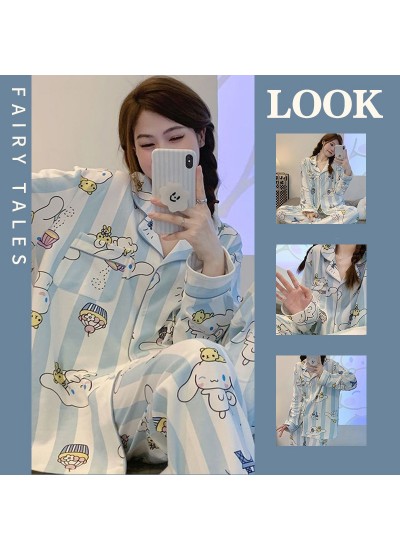 Ice Silk Long Sleeve Spring Autumn Thin Cute Cartoon Women's Pajama Set Wearable Homewear Two-piece Set