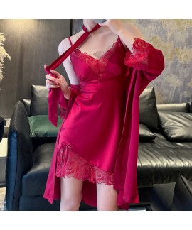 Sexy Ice Silk Strap Sleep Dress Set with Chest Pad, Comfortable Pajamas