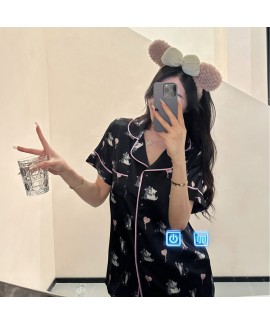 Cute Black Cat Heart Print Ice Silk Pajamas for Women, Spring & Autumn Long Sleeve Long Pants Loungewear Set