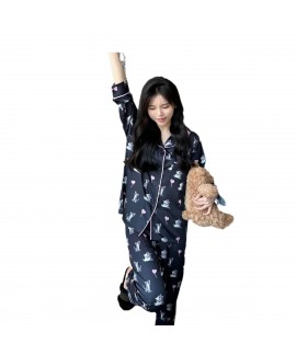 Cute Black Cat Heart Print Ice Silk Pajamas for Women, Spring & Autumn Long Sleeve Long Pants Loungewear Set