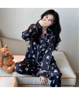 Cute Black Cat Heart Print Ice Silk Pajamas for Wo...