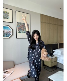 Cute Black Cat Heart Print Ice Silk Pajamas for Women, Spring & Autumn Long Sleeve Long Pants Loungewear Set