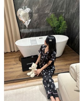 Cute Black Cat Heart Print Ice Silk Pajamas for Women, Spring & Autumn Long Sleeve Long Pants Loungewear Set