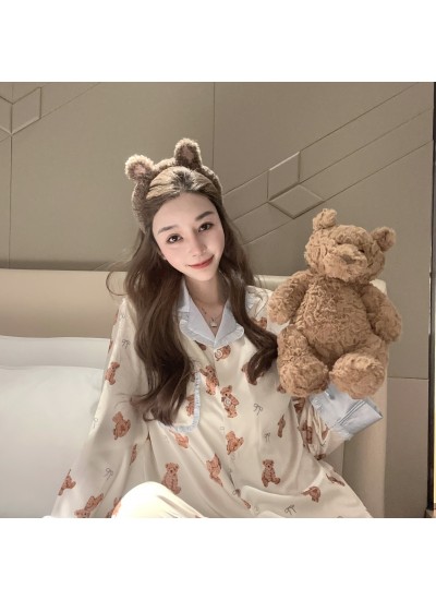 Cute Bear Soft Candy Beige Women's Spring Pajamas Ice Silk Set