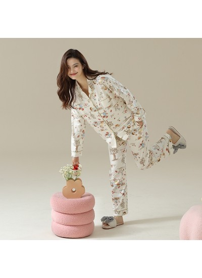 Pure Cotton Happy Picnic Spring Autumn Long Sleeve Long Pants Women's Pajama Set, Animal Print