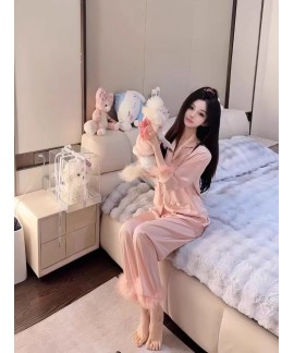 Korean Fashion Ostrich Feather Pink Long Sleeve Ice Silk Loungewear - Perfect for Fall