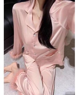 Korean Fashion Ostrich Feather Pink Long Sleeve Ice Silk Loungewear - Perfect for Fall