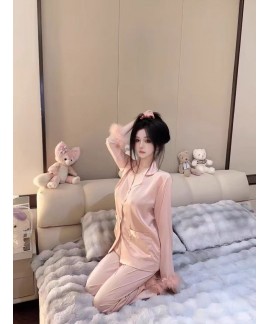 Korean Fashion Ostrich Feather Pink Long Sleeve Ice Silk Loungewear - Perfect for Fall