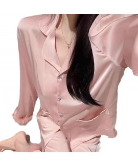 Korean Fashion Ostrich Feather Pink Long Sleeve Ice Silk Loungewear - Perfect for Fall