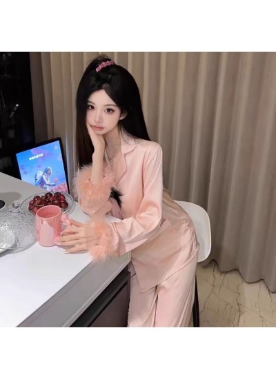 Korean Fashion Ostrich Feather Pink Long Sleeve Ice Silk Loungewear - Perfect for Fall