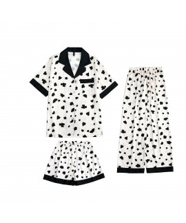 Summer Thin Ice Silk Cool Full Print Cow Pattern Three-Piece Women's Pajama Set