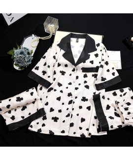 Summer Thin Ice Silk Cool Full Print Cow Pattern Three-Piece Women's Pajama Set