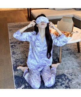 Purple Ice Silk Ink Painting Print Tie-Dye Long Sleeve Long Pants Thin Turn-down Collar Women's Pajama Set