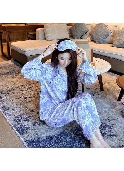 Purple Ice Silk Ink Painting Print Tie-Dye Long Sleeve Long Pants Thin Turn-down Collar Women's Pajama Set