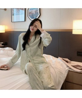 Women's Spring/Autumn Long Sleeve White Pajama Set with Floral Print and Chinese Knots