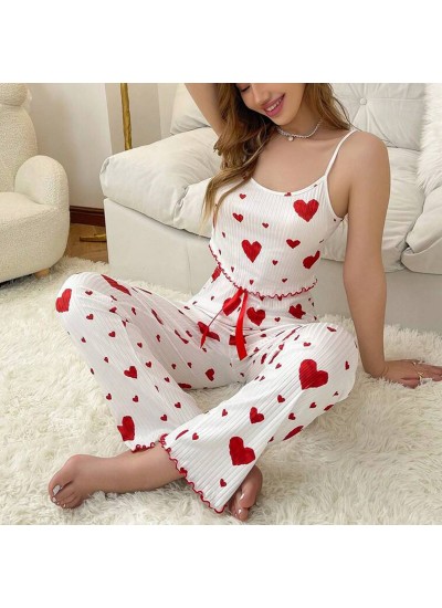 Women's Ribbed Heart Cami Pajama Set - Breathable and Stylish Two-Piece Loungewear