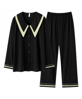 Spring/Autumn French Style Black and White Contrast Turn-down Collar Cotton Pajama Set for Women