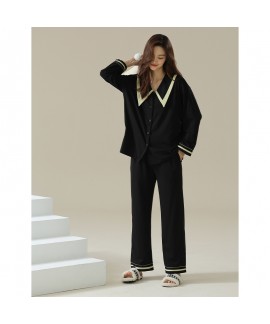 Spring/Autumn French Style Black and White Contrast Turn-down Collar Cotton Pajama Set for Women