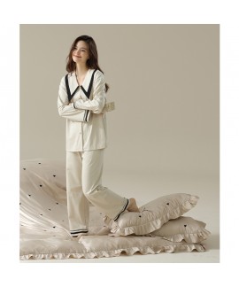 Spring/Autumn French Style Black and White Contrast Turn-down Collar Cotton Pajama Set for Women