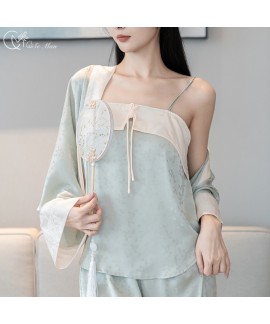 New Chinese Style Pajama Set - Elegant Jacquard Ice Silk Loungewear for Women