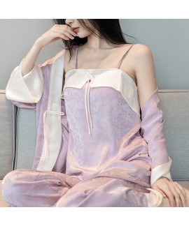 New Chinese Style Pajama Set - Elegant Jacquard Ice Silk Loungewear for Women