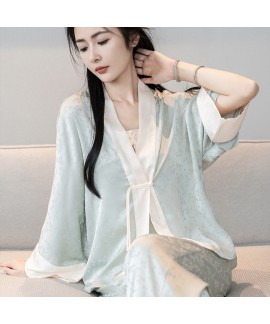 New Chinese Style Pajama Set - Elegant Jacquard Ice Silk Loungewear for Women