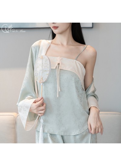 New Chinese Style Pajama Set - Elegant Jacquard Ice Silk Loungewear for Women