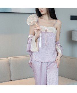 New Chinese Style Pajama Set - Elegant Jacquard Ice Silk Loungewear for Women