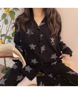 Milk Silk Autumn Long Sleeve Long Pants Black Star Full Print, Leopard Print, Heart Full Print Cartoon Women's Homewear Set