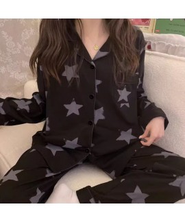 Milk Silk Autumn Long Sleeve Long Pants Black Star Full Print, Leopard Print, Heart Full Print Cartoon Women's Homewear Set