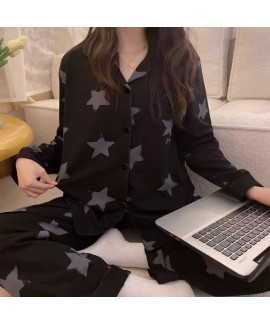 Milk Silk Autumn Long Sleeve Long Pants Black Star Full Print, Leopard Print, Heart Full Print Cartoon Women's Homewear Set