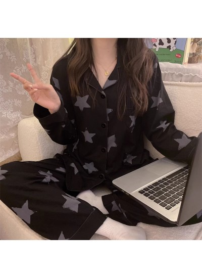 Milk Silk Autumn Long Sleeve Long Pants Black Star Full Print, Leopard Print, Heart Full Print Cartoon Women's Homewear Set