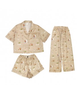 Summer Thin Ice Silk Light Coffee Short Sleeve Shorts V-Neck Women's Pajama Set