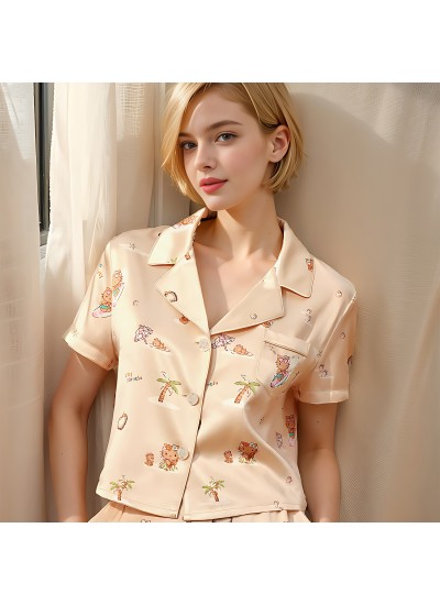 Summer Thin Ice Silk Light Coffee Short Sleeve Shorts V-Neck Women's Pajama Set