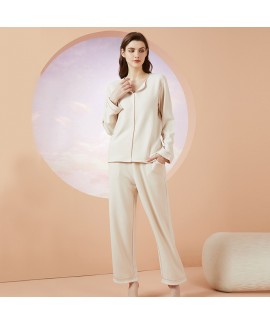 Multicolor V-Neck Acrylic Padded Spring Autumn Loose Plus Size Wearable Homewear Women's Solid Color Pajama Set