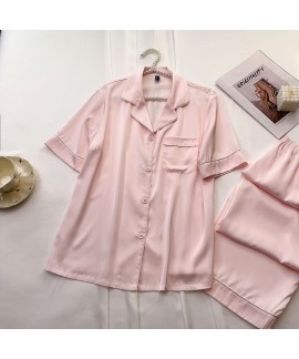 Summer Pink Solid Cool Breathable Ice Silk Short Sleeve Long Pants Thin Women's Pajama Set