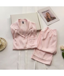 Summer Pink Solid Cool Breathable Ice Silk Short Sleeve Long Pants Thin Women's Pajama Set