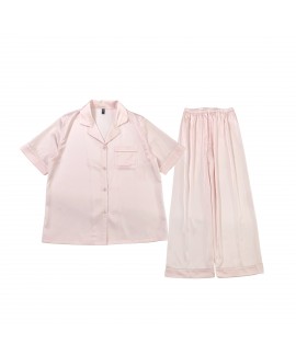 Summer Pink Solid Cool Breathable Ice Silk Short Sleeve Long Pants Thin Women's Pajama Set