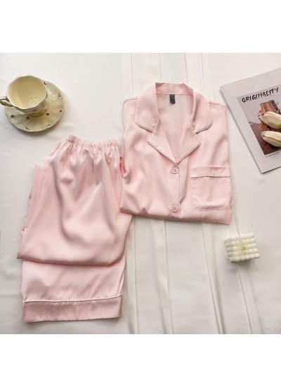 Summer Pink Solid Cool Breathable Ice Silk Short Sleeve Long Pants Thin Women's Pajama Set