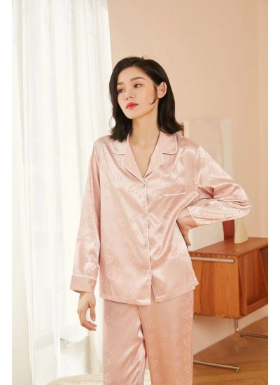 Pink Silky Heart Patterned Pajamas for Girls - Spring/Autumn