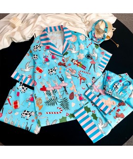 Summer Ice Silk Five-Piece Doll Dance Print Loose Women's Homewear Suitable for Outdoor Wear