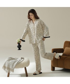 Pure Cotton Deep Apricot Autumn Winter Long Sleeve Lace Women's Cardigan Pajama Set, Black Print