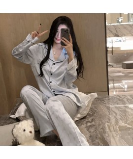 Spring/Autumn Women's Ice Silk Pajamas: Light Blue Bow Pattern Loungewear Set